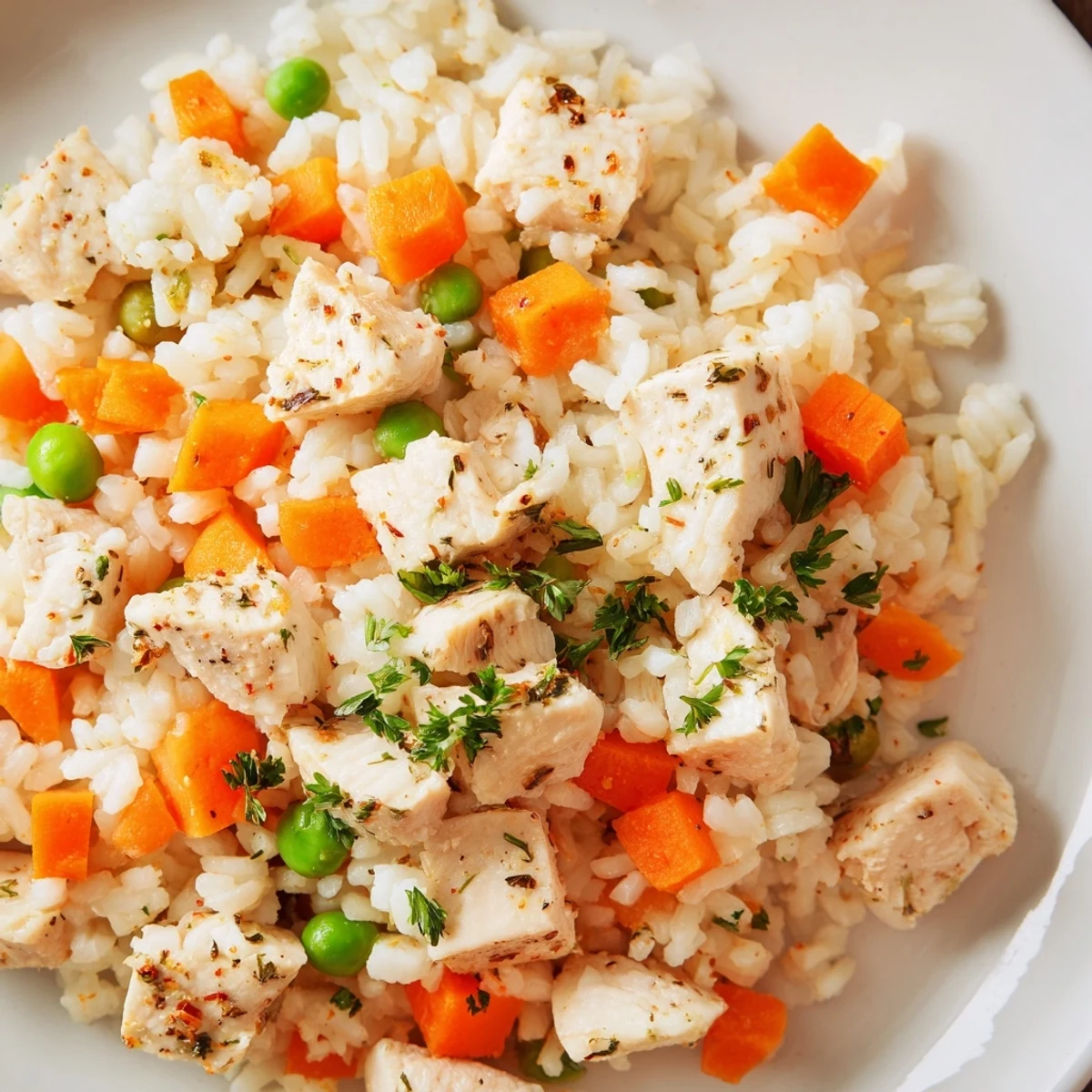 Family-friendly chicken and rice dish garnished with fresh parsley, showcasing tender meat and vegetables in every bite