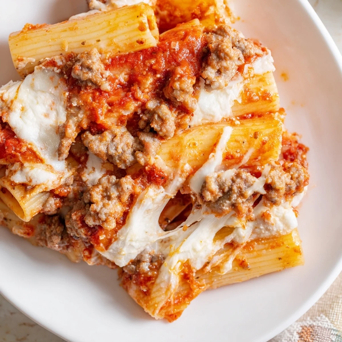 Creamy baked ziti pasta simmers in rich marinara sauce with savory sausage in slow cooker