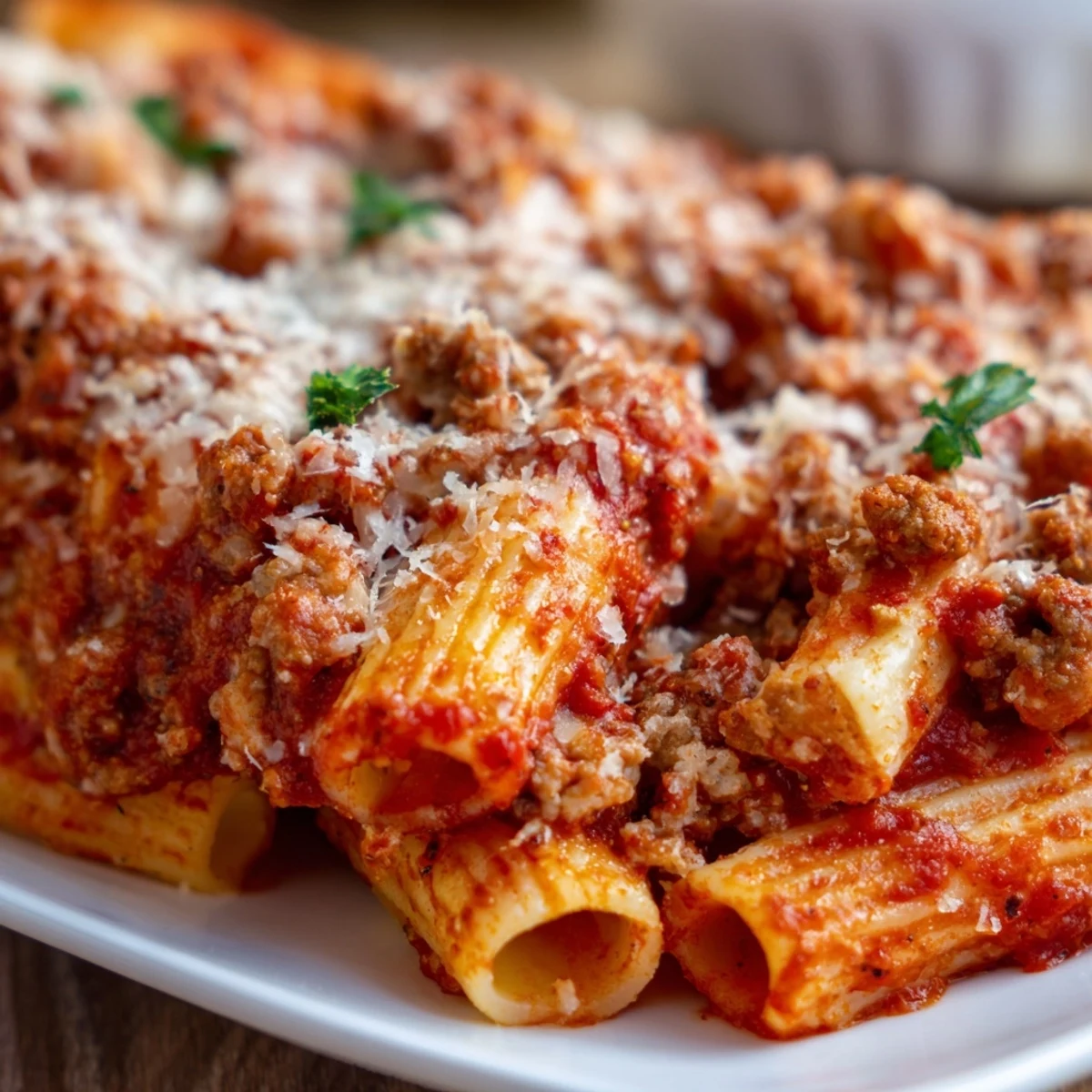 Golden melted mozzarella covers slow cooker baked ziti with layers of ricotta and Italian sausage
