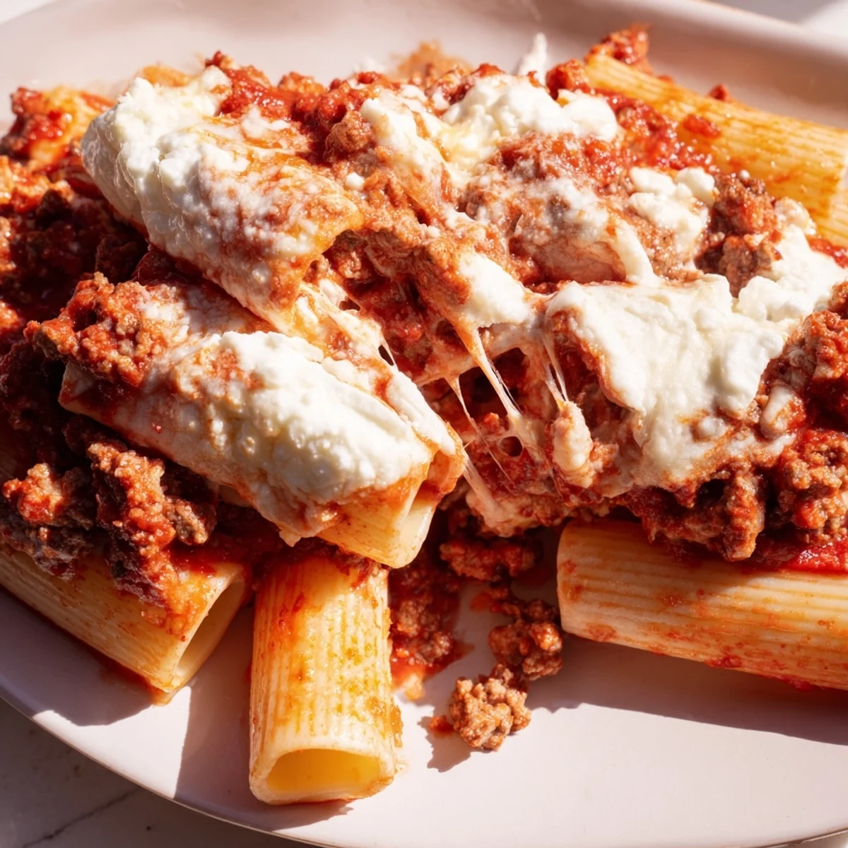 Heaping serving of comforting baked ziti showcases gooey cheese blend and tender ziti noodles