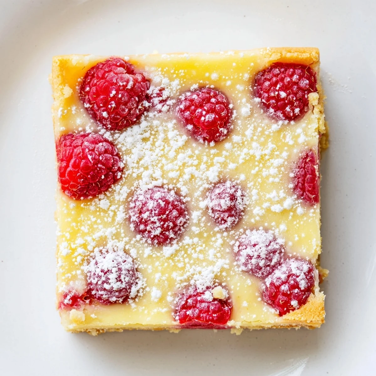 Golden lemon raspberry bars sliced on a white plate with powdered sugar dusting
