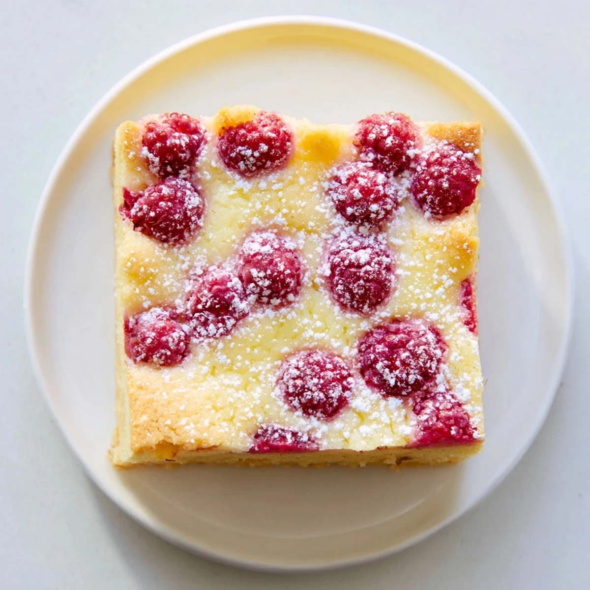 Buttery shortbread crust topped with bright lemon raspberry filling and fresh berry pieces
