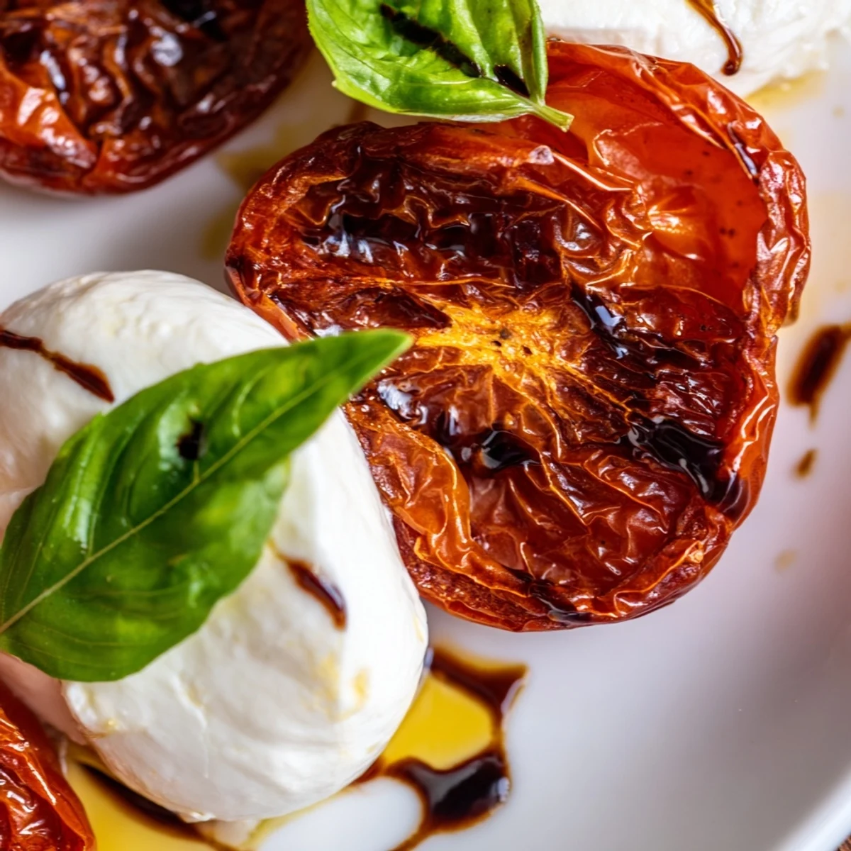 Caramelized tomatoes paired with creamy mozzarella and green basil on a white platter with dark balsamic swirls