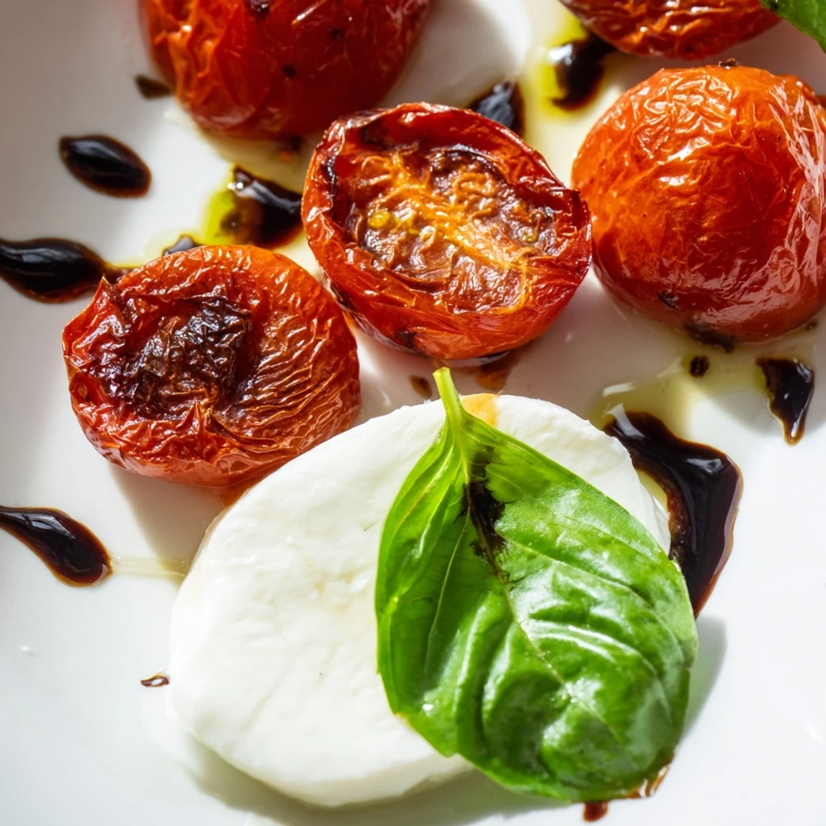 Golden roasted cherry tomatoes arranged with fresh mozzarella slices and fragrant basil leaves drizzled with balsamic glaze