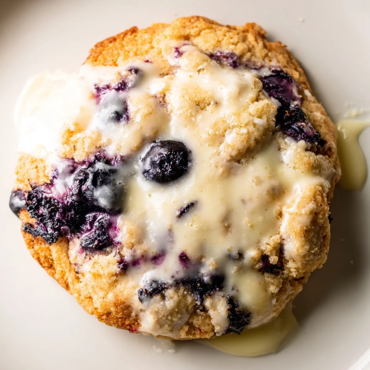 Soft lemon blueberry cheesecake cookies drizzled with white glaze on cooling rack