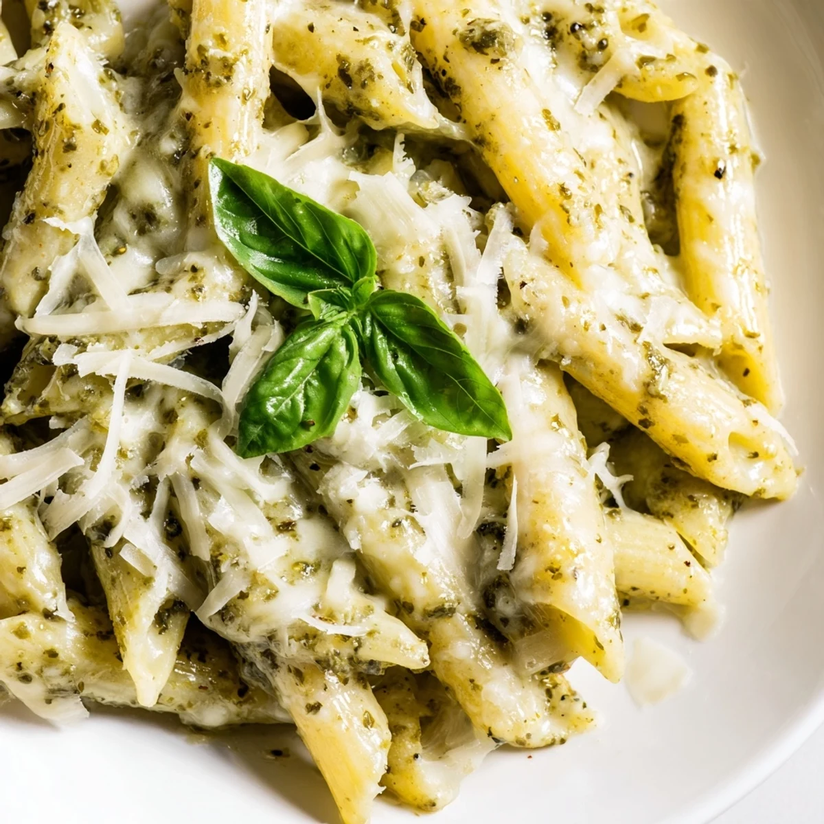 Golden penne pasta coated in a rich and creamy basil pesto sauce with freshly grated Parmesan
