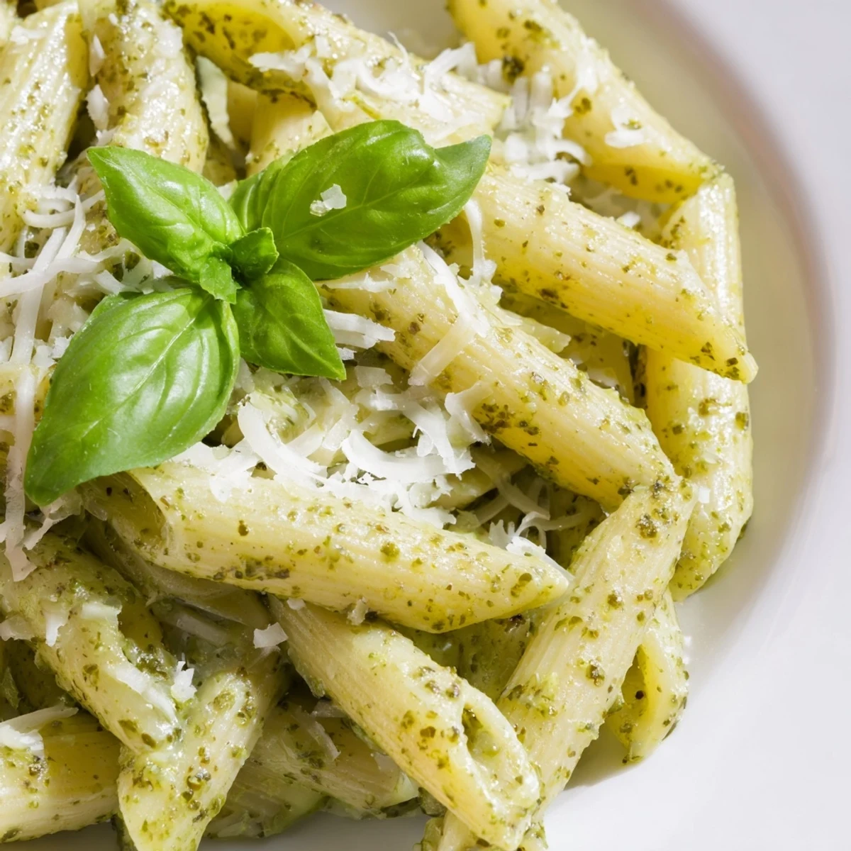 Steaming bowl of creamy pesto pasta topped with extra Parmesan cheese and green basil leaves