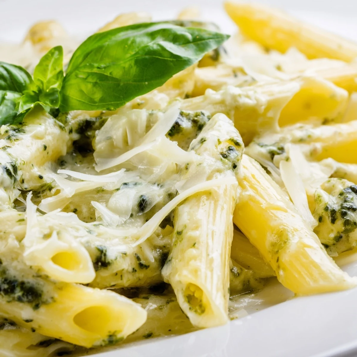 Close-up of creamy pesto pasta twirled on a fork with fresh basil garnish and black pepper