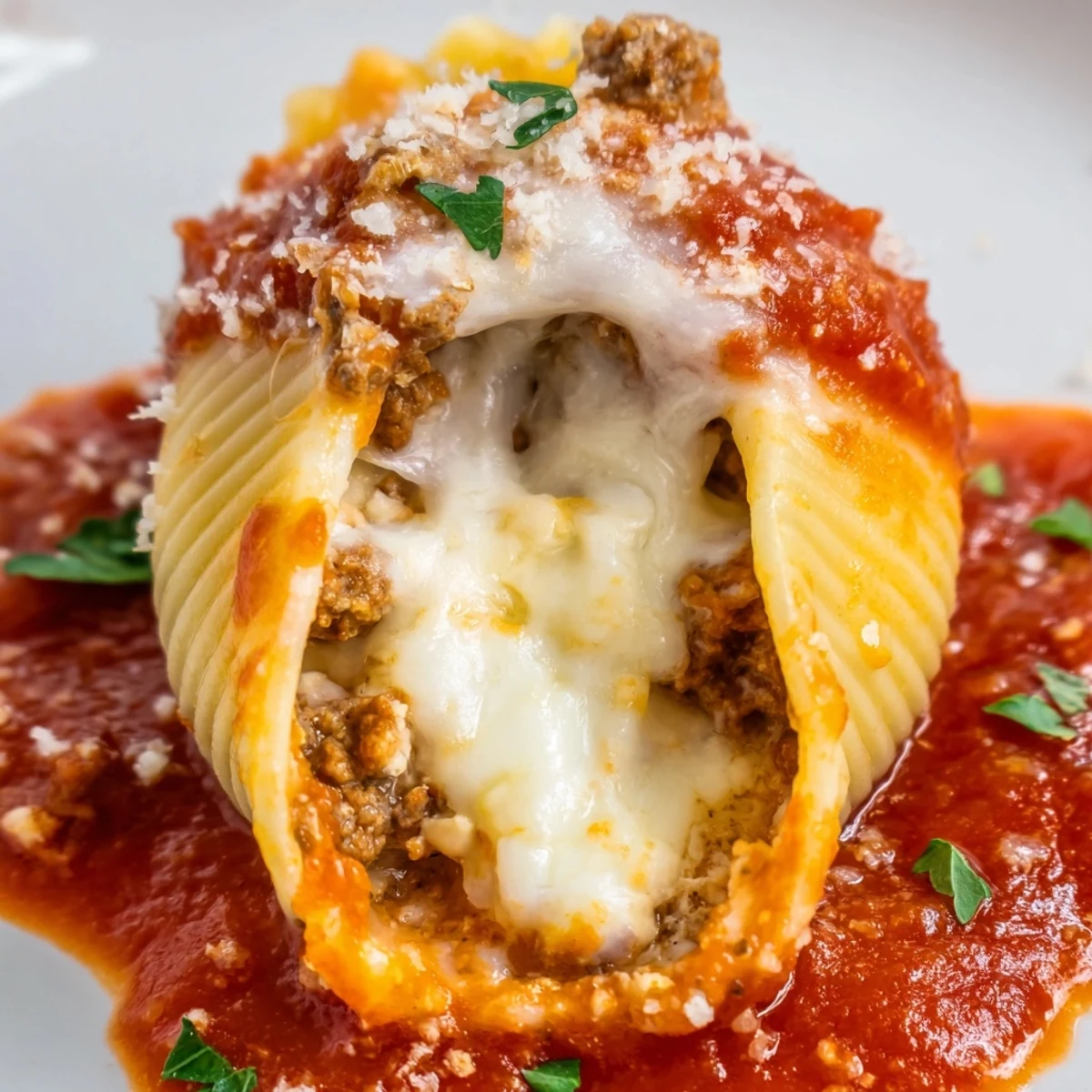 Golden baked creamy beef stuffed shells recipe bubbling with melted mozzarella and rich tomato sauce