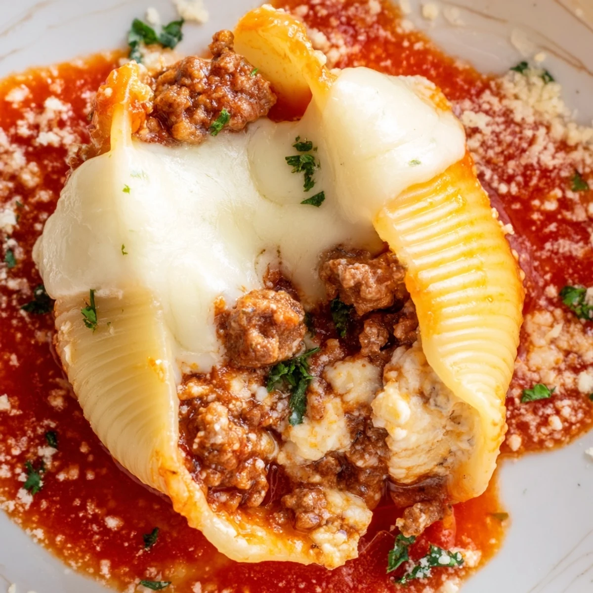 Close-up of tender jumbo pasta shells filled with savory beef ricotta mixture under a cheesy crust