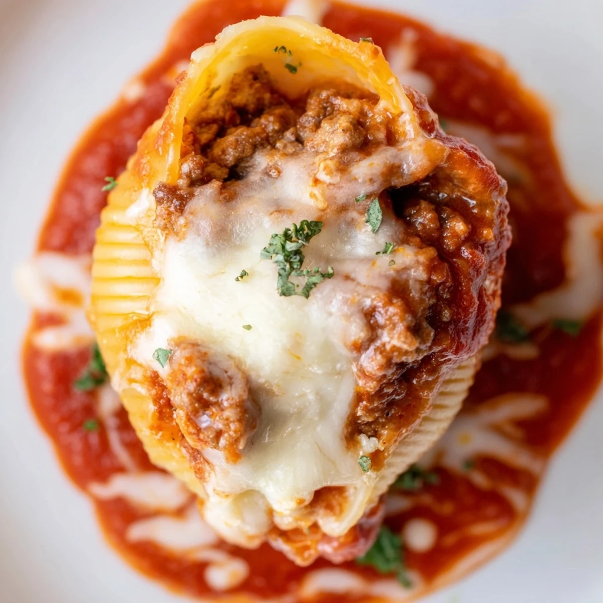 Creamy beef stuffed shells recipe arranged in baking dish topped with golden brown melted cheese layer