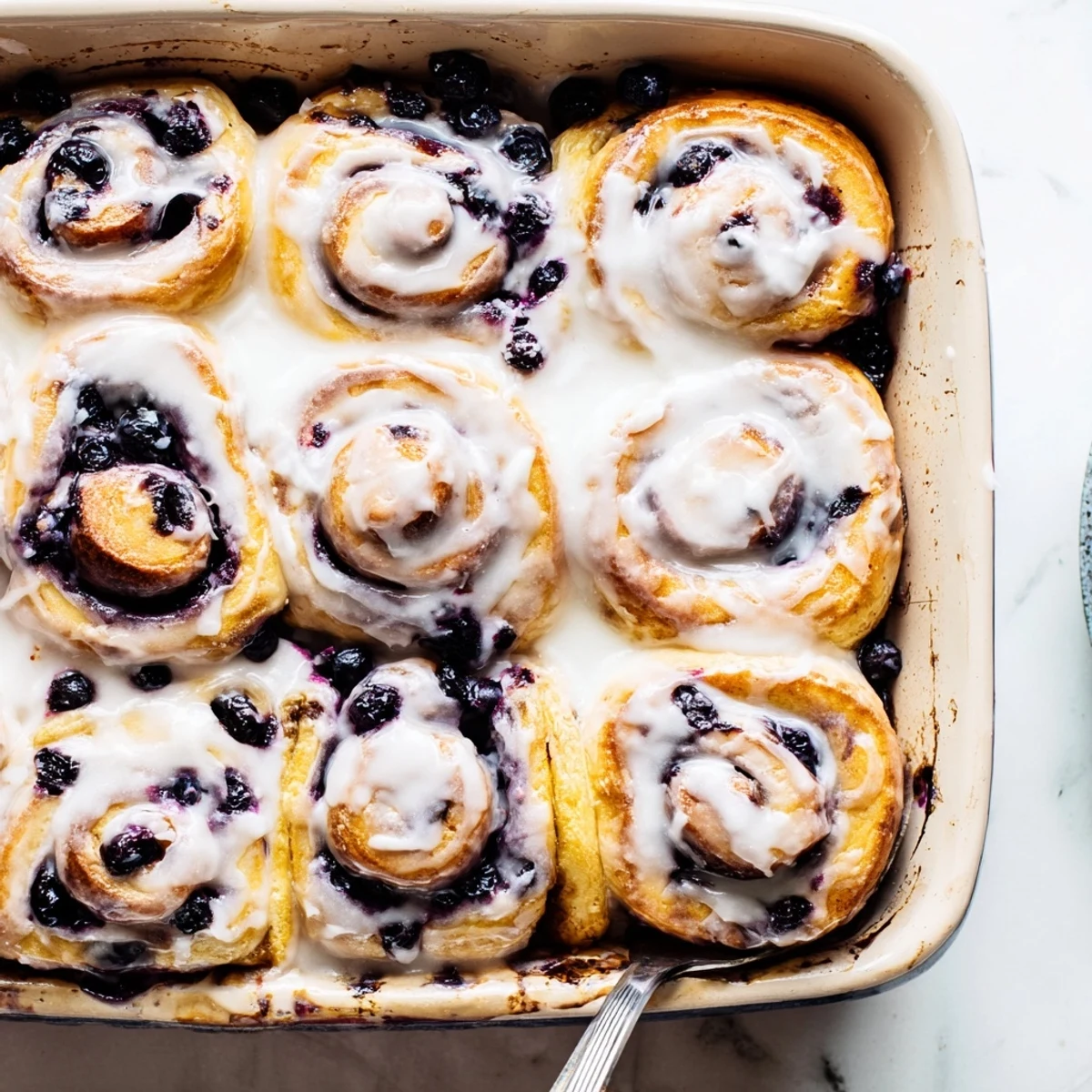 Golden lemon blueberry rolls drizzled with zesty glaze on a rustic wooden board