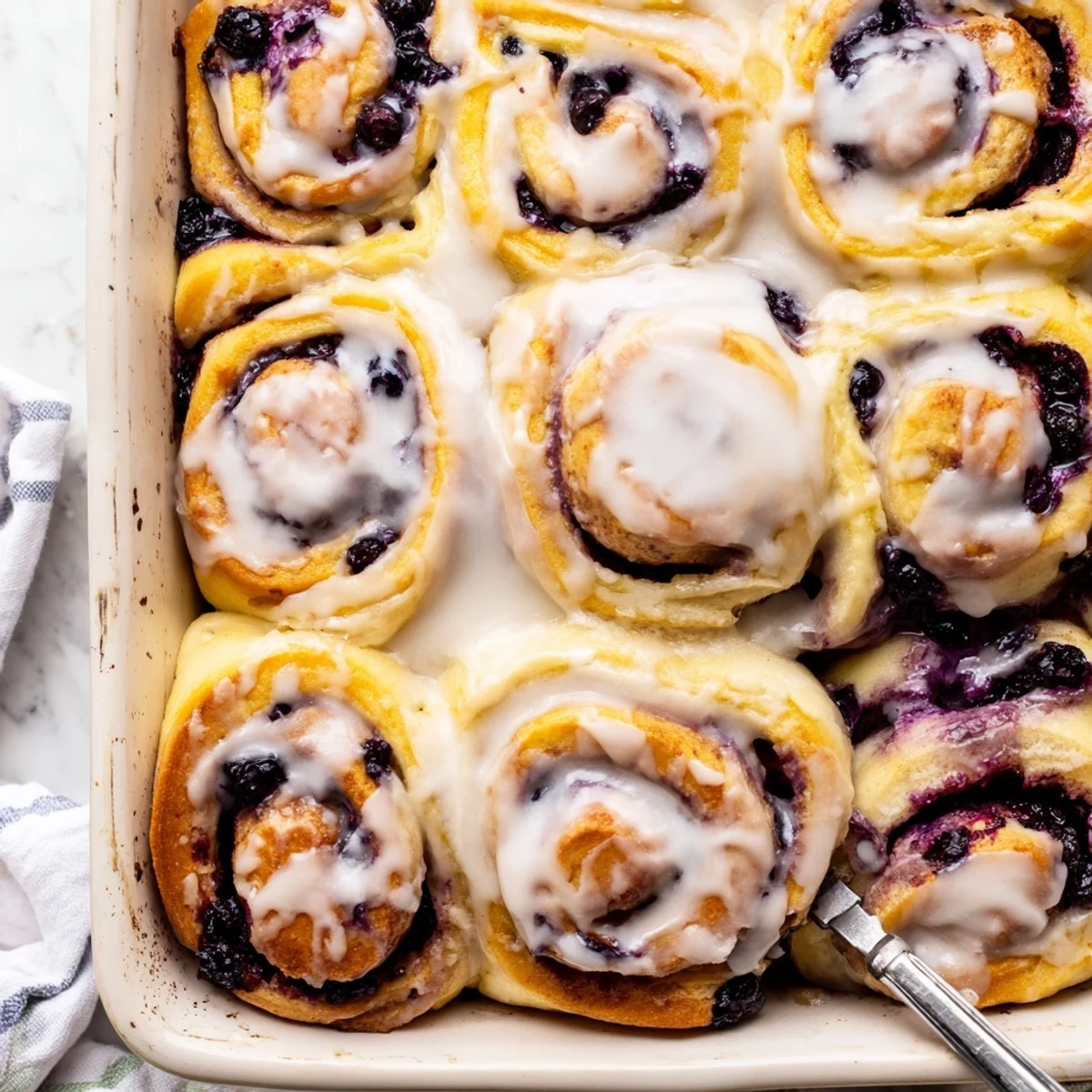 Fresh lemon blueberry rolls topped with white icing and lemon zest on a breakfast plate