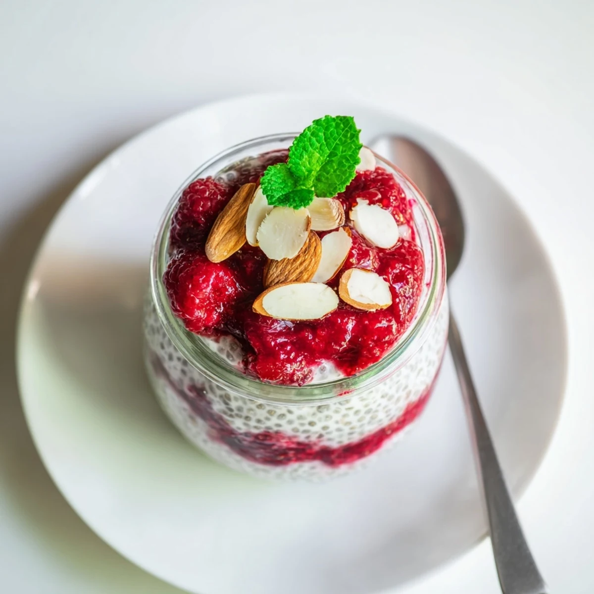 Vegan raspberry chia pudding with fresh berries and maple syrup topped with mint