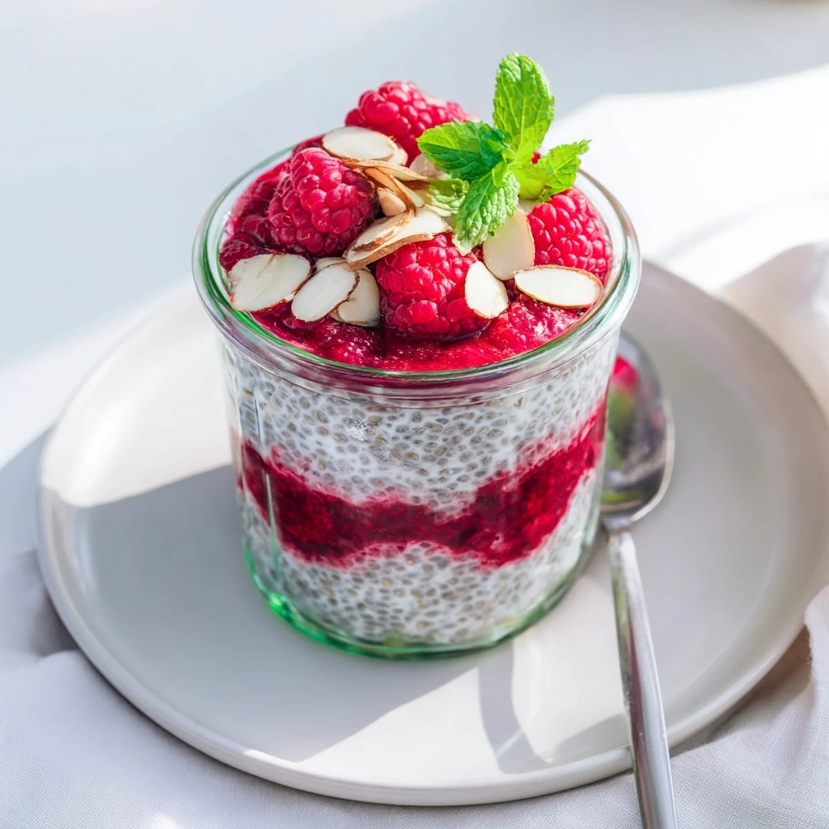 Creamy raspberry chia pudding sweetened naturally with maple syrup in layered glass jars