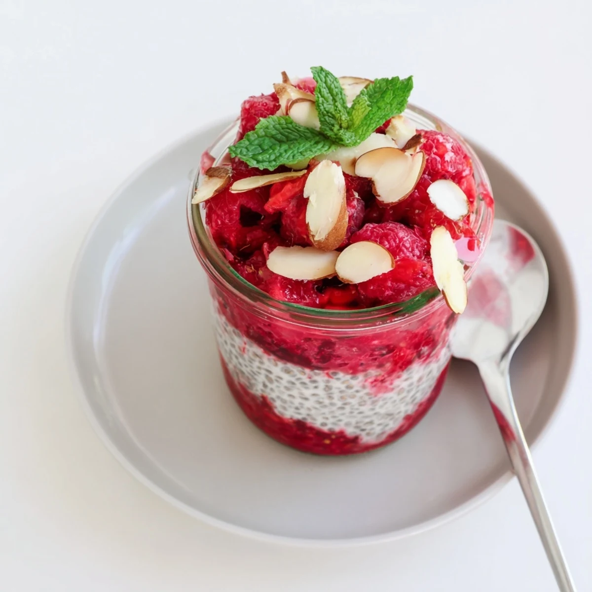Plant-based raspberry chia pudding dessert layered with mashed raspberries and maple sweetness