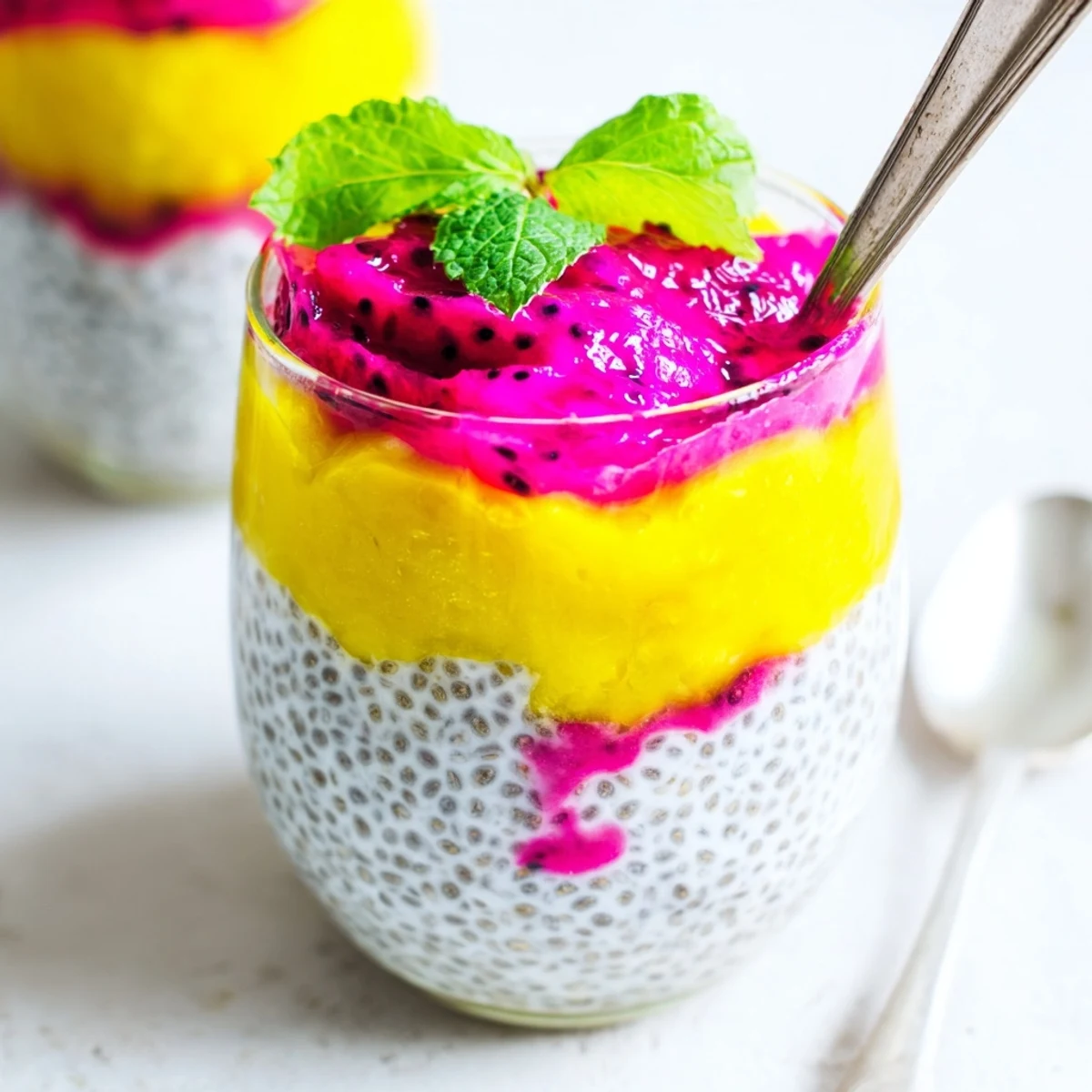 Vibrant mango and dragon fruit chia pudding layered in clear glass with coconut milk