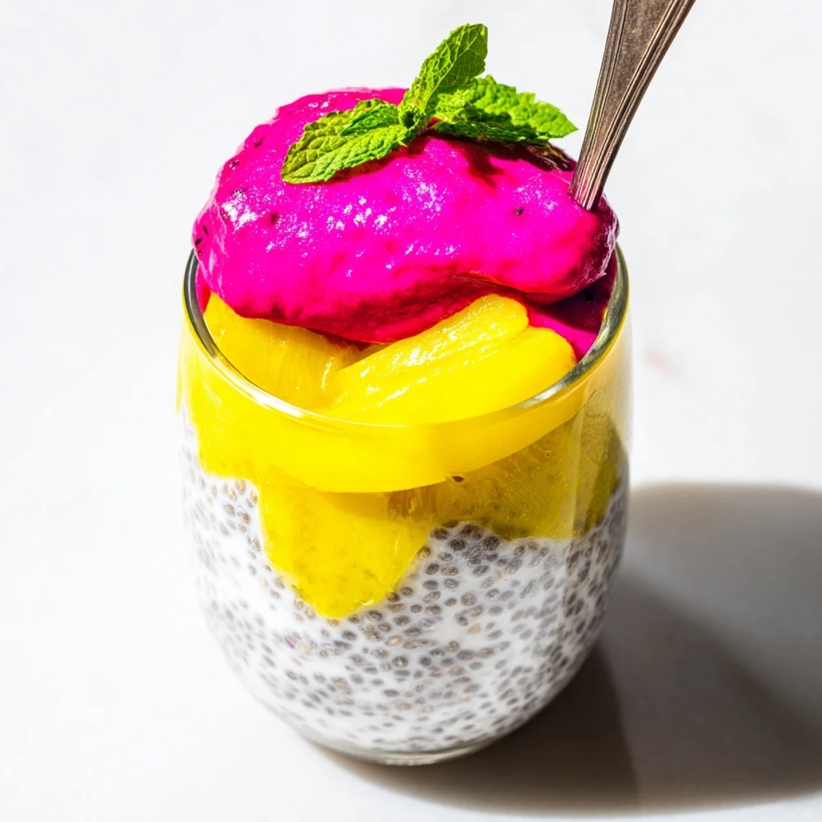 Creamy mango and dragon fruit chia pudding topped with fresh mint in serving glass