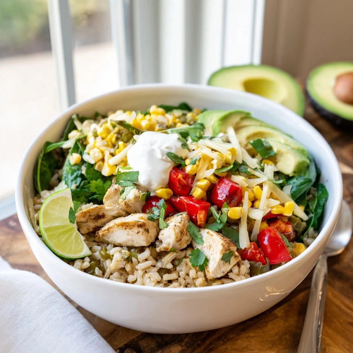 Southwest Spice Green Chile Bowl featuring tender chicken, roasted peppers, and fluffy rice topped with creamy avocado