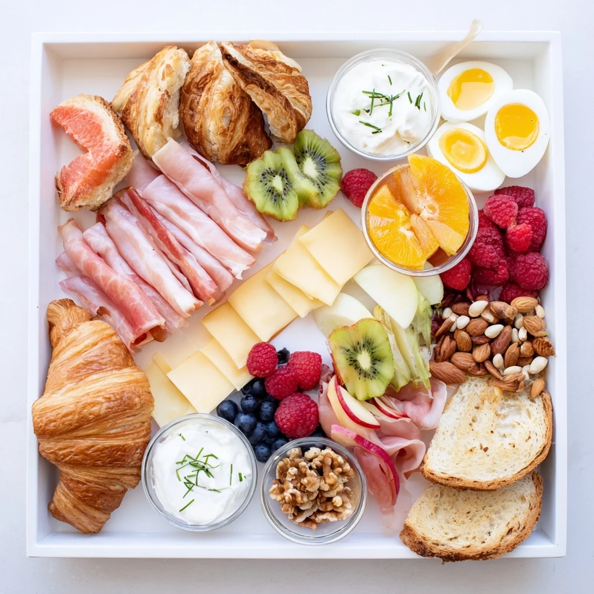 Colorful breakfast charcuterie board arranged with meats, cheeses, fresh fruits, and pastries on a rustic wooden platter