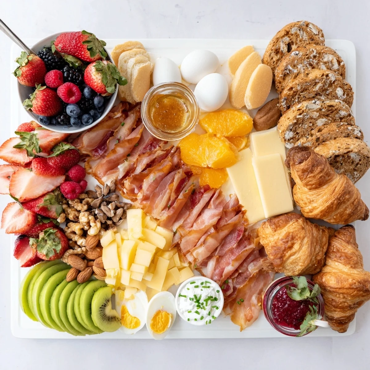 Breakfast charcuterie board featuring sliced prosciutto, brie, mixed berries, and golden croissants ready to serve
