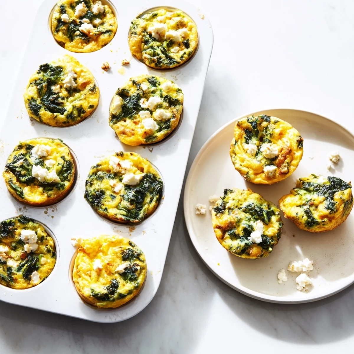 Golden baked egg muffins with spinach and feta cooling in a muffin tin