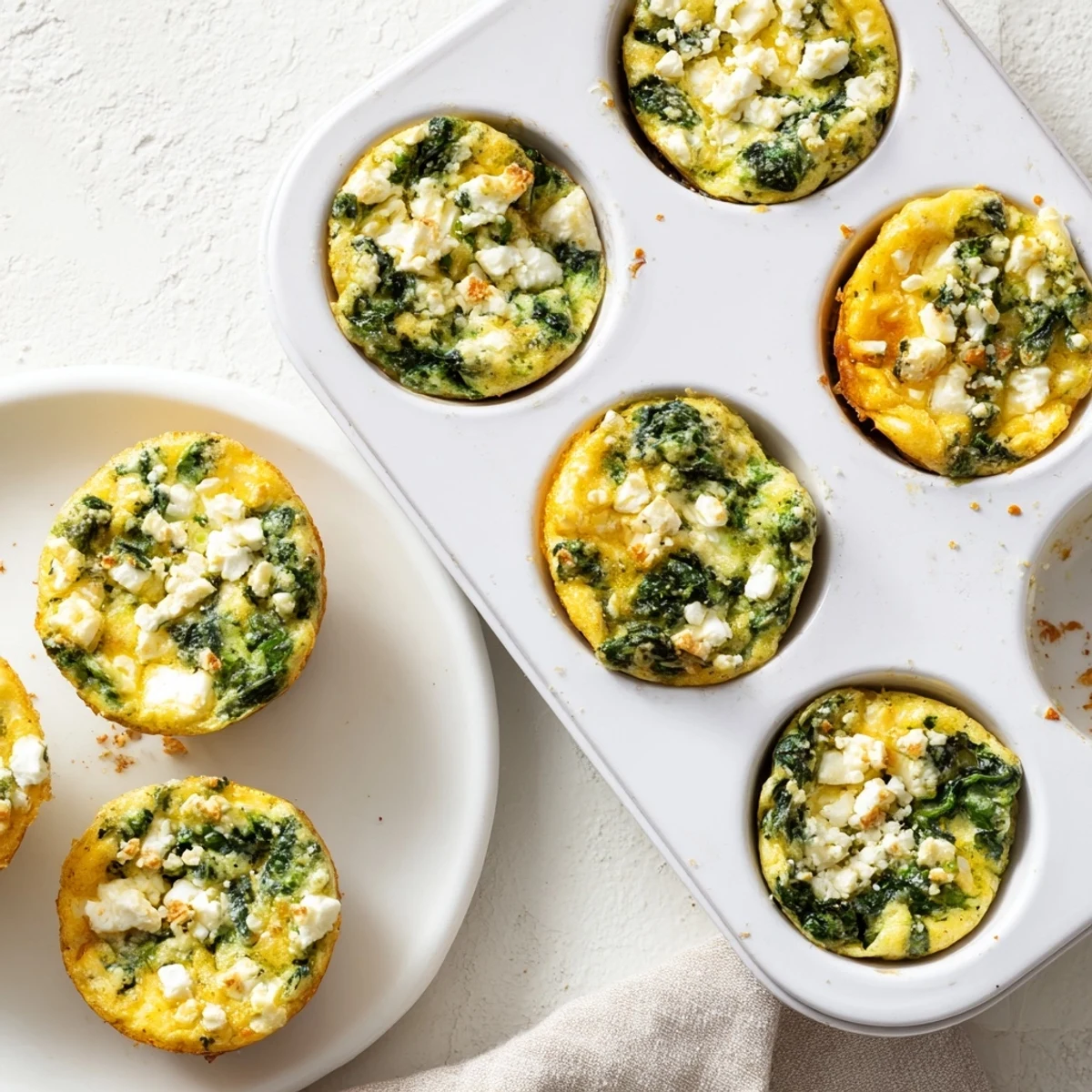 Savory egg muffins with spinach and feta served on a white plate for breakfast