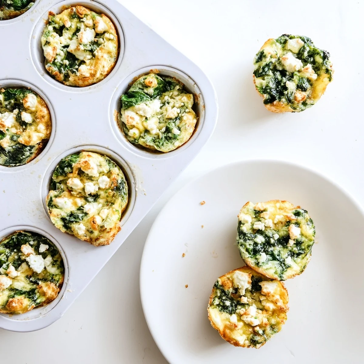 Fluffy egg muffins featuring spinach and feta, sprinkled with fresh herbs on a rustic wooden board