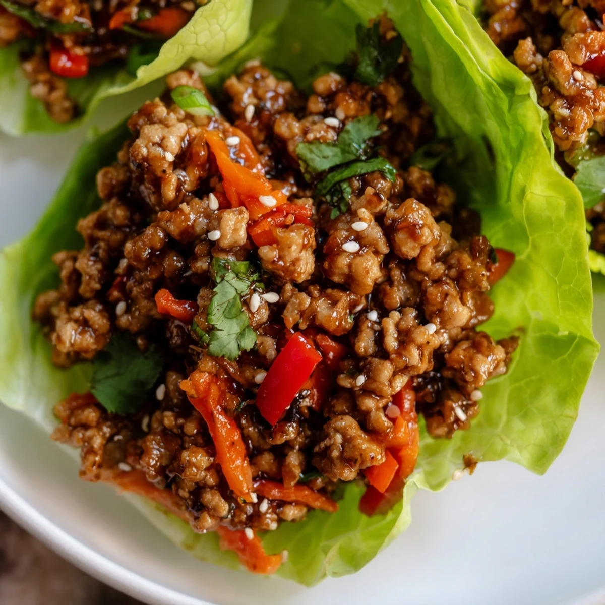 Seasoned ground turkey filling served in crisp lettuce cups with fresh herbs and sesame seeds