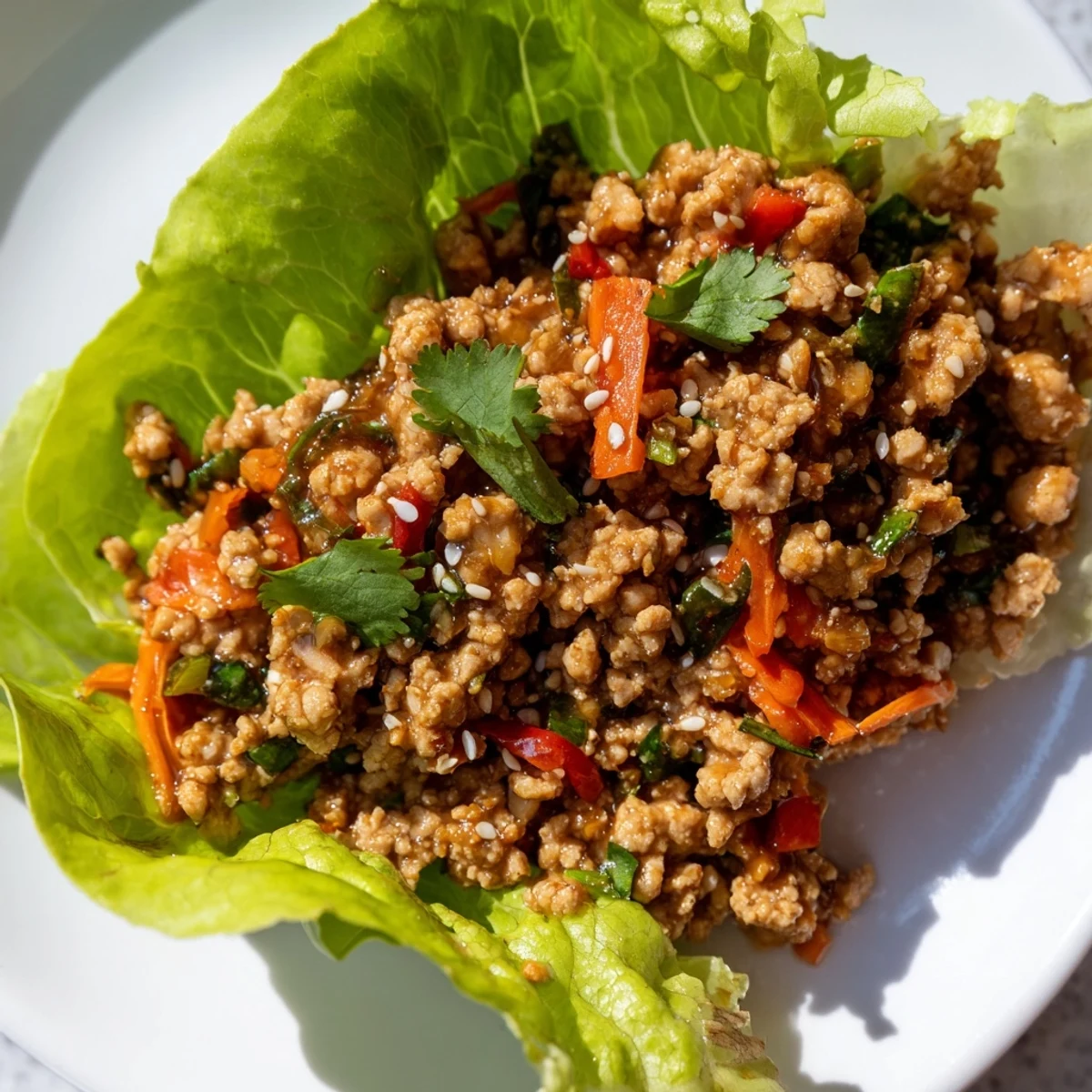 Healthy ground turkey lettuce wrap bowls topped with cilantro and lime wedges