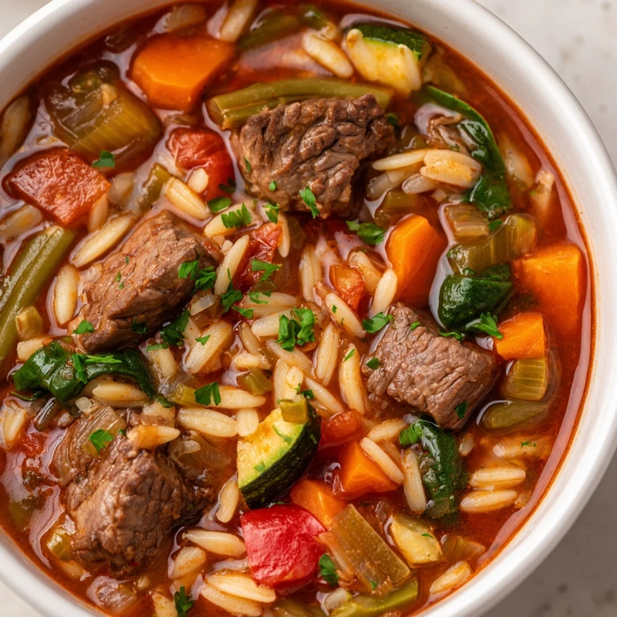 Steaming bowl of hearty beef and orzo soup brimming with colorful garden vegetables