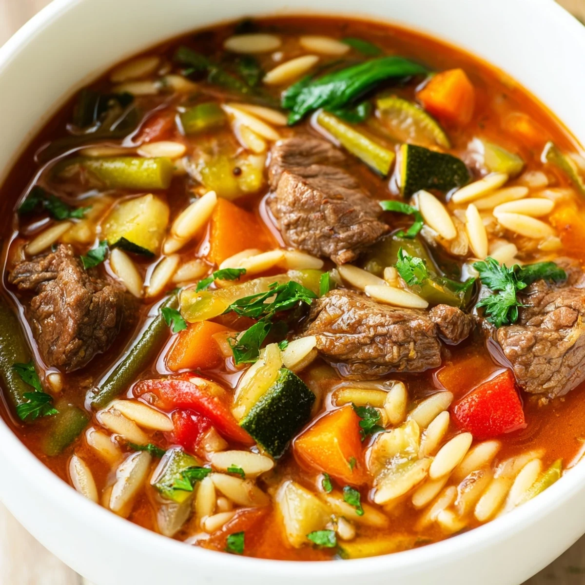 Hearty beef and orzo soup featuring tender meat chunks in savory herb broth