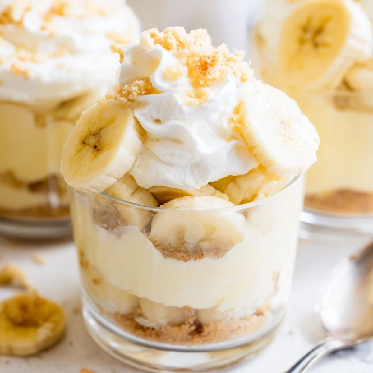 Individual no bake banana pudding cheesecake cups featuring luscious layers of cheesecake filling and silky banana pudding