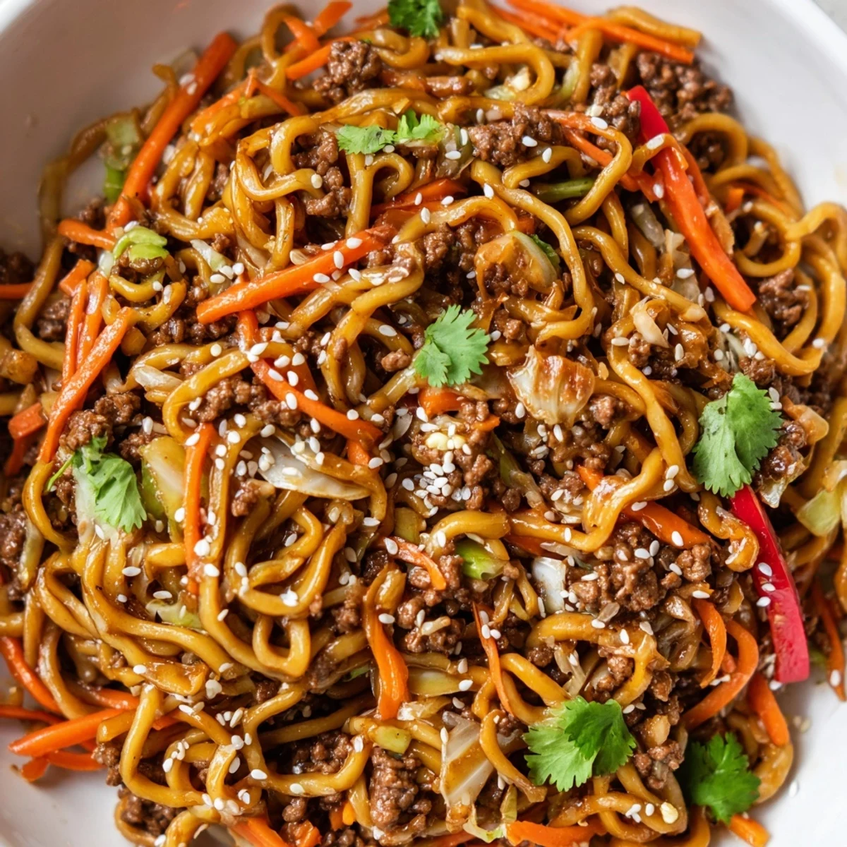 Sesame-garnished Asian ground beef noodles in a glossy brown sauce with colorful stir-fried vegetables
