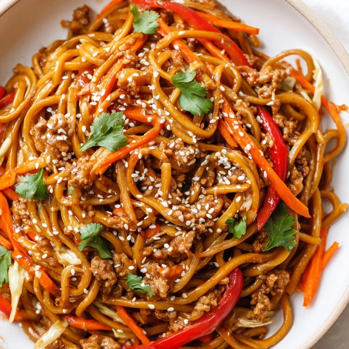 Steaming plate of Asian ground beef noodles tossed with tender cabbage and sliced bell peppers