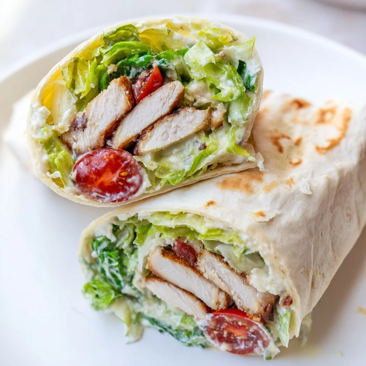 Golden grilled chicken Caesar wraps sliced open showing crisp romaine and creamy dressing inside
