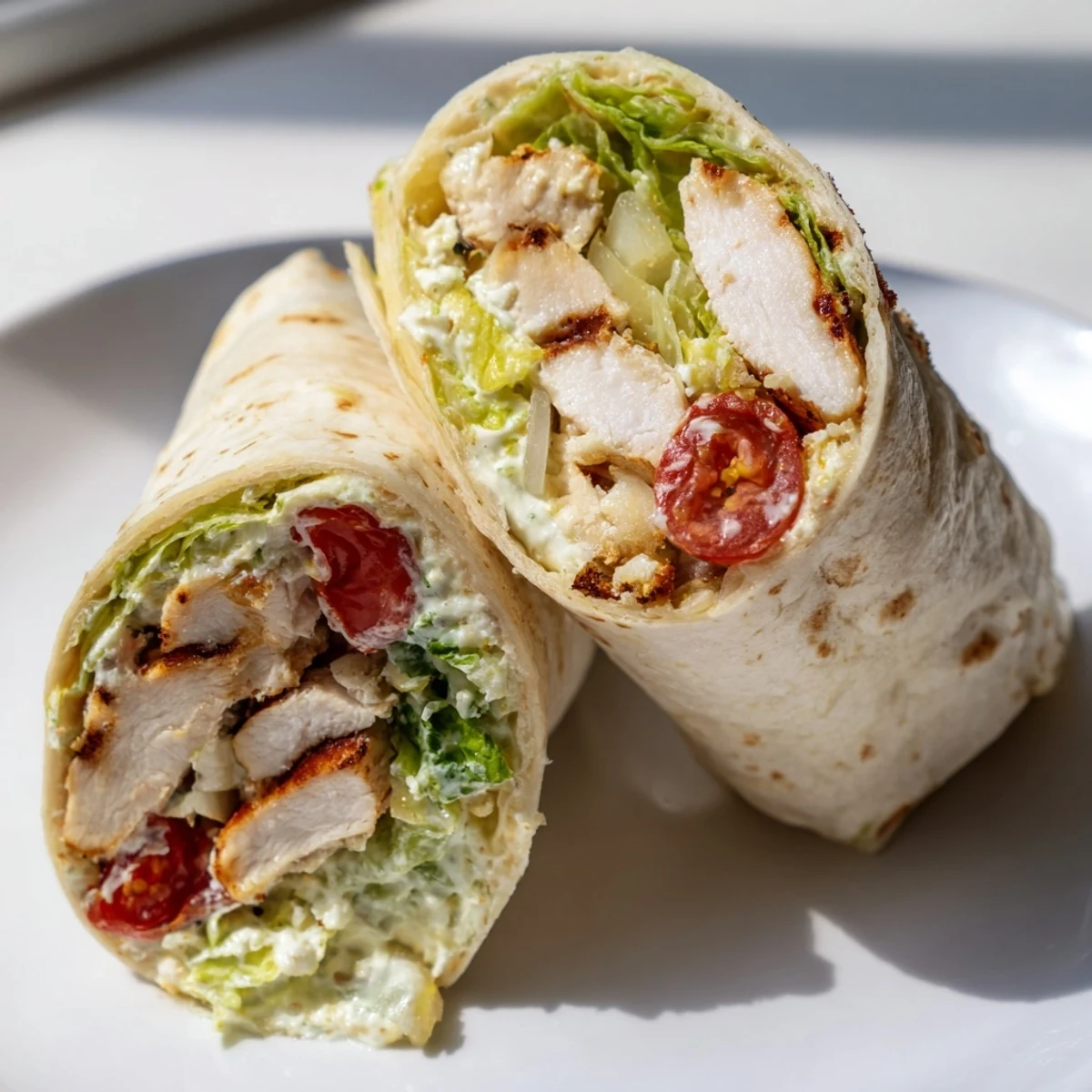 Tender sliced chicken Caesar wraps topped with fresh romaine shaved Parmesan and cherry tomatoes