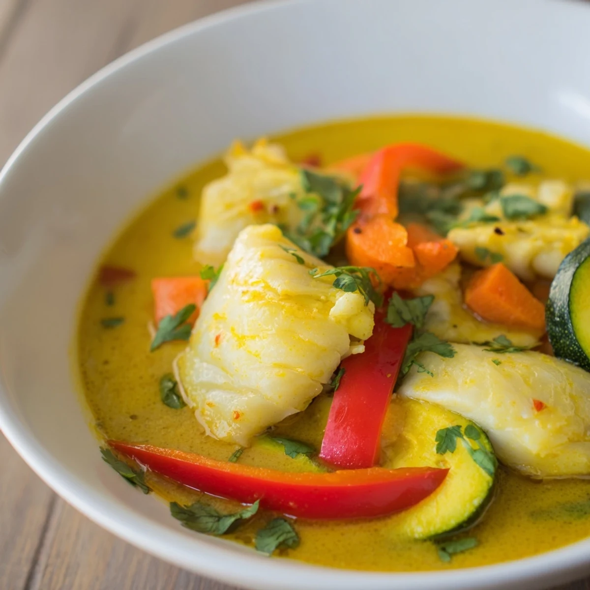 Creamy coconut white fish stew in a golden bowl with fresh cilantro garnish and lime wedges