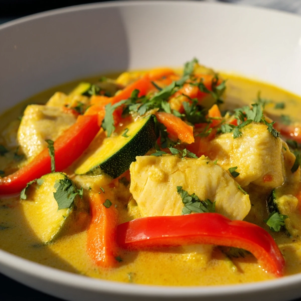 Tender white fish chunks simmered in aromatic coconut broth with colorful vegetables and spices