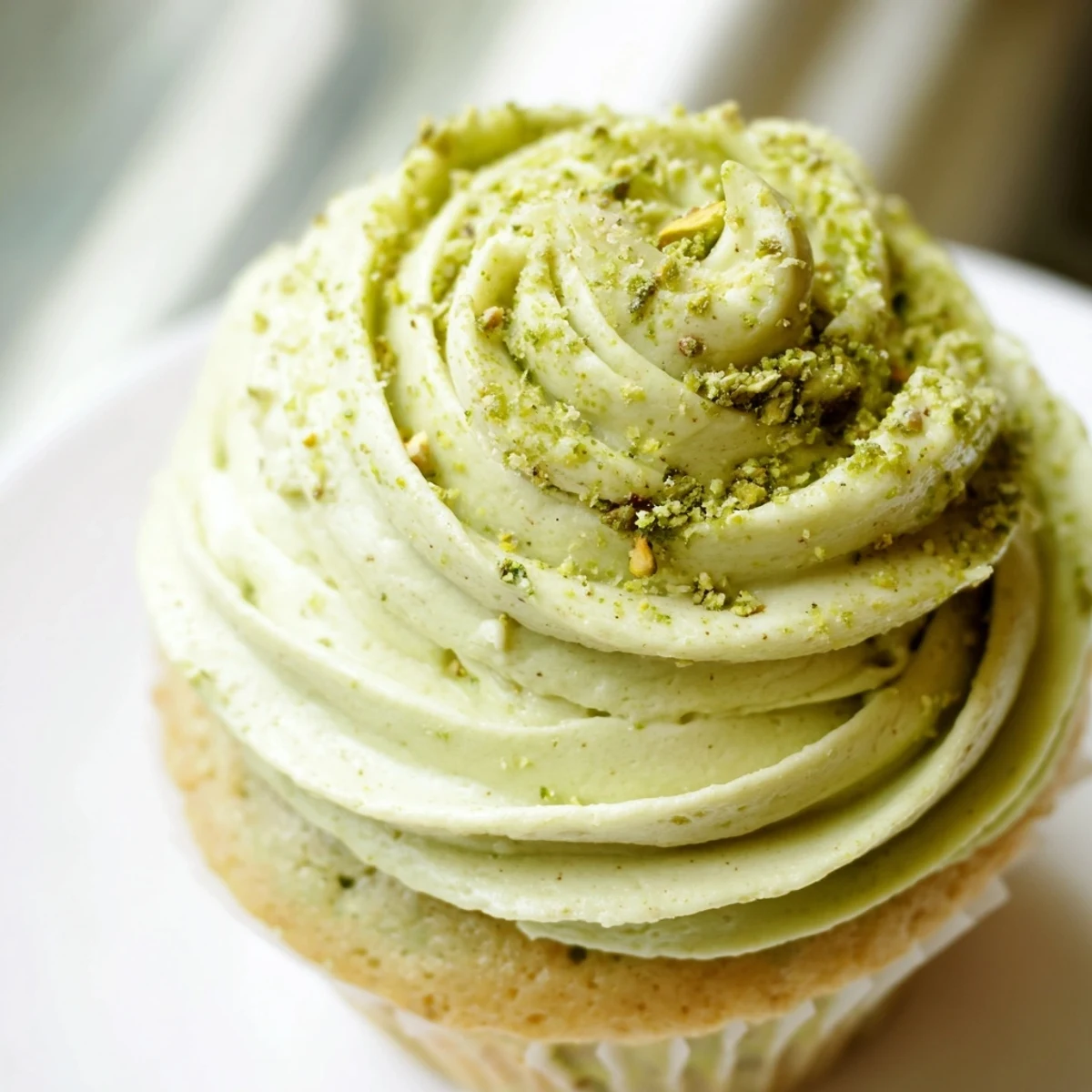 Pistachio cupcakes topped with swirls of creamy green buttercream on a rustic white plate