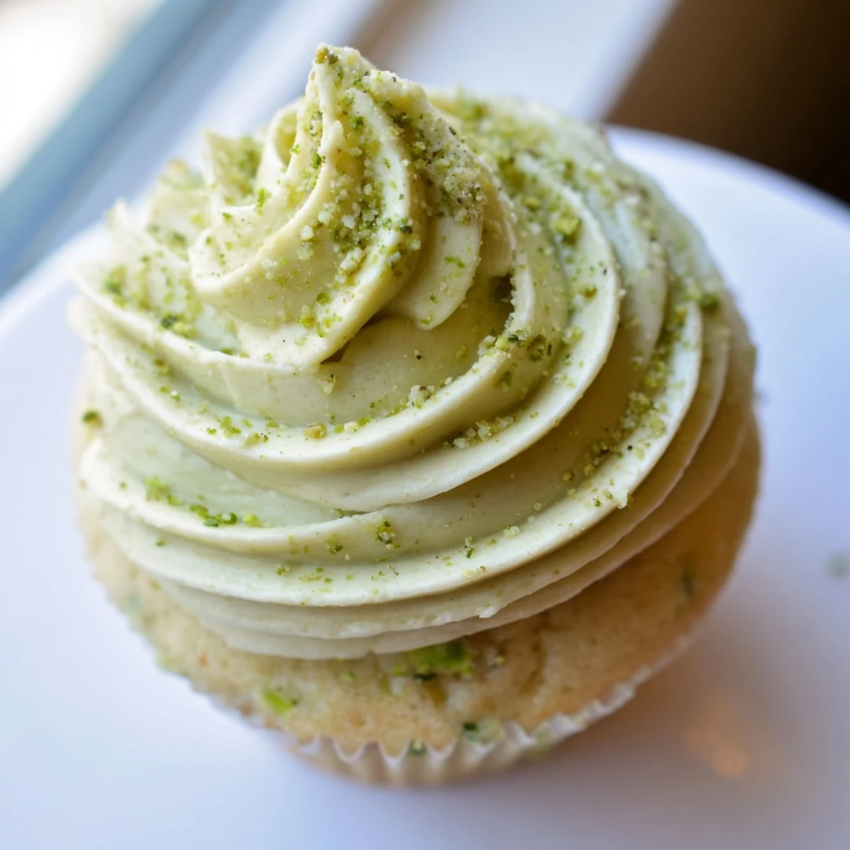 Moist pistachio cupcakes with fluffy nutty frosting garnished with chopped green pistachio crumbs