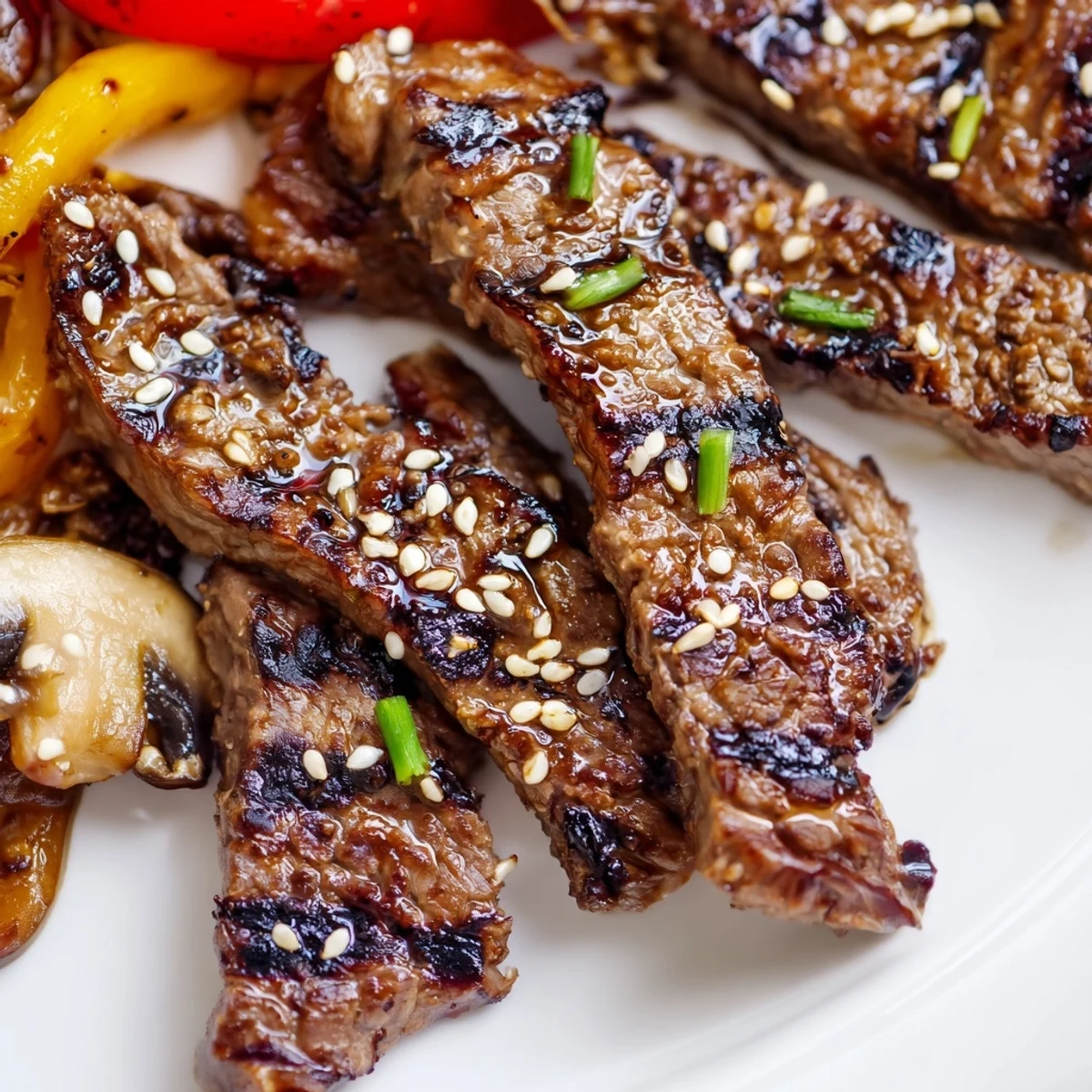 Glossy soy glazed Beef Yakiniku sizzling on a grill pan with fresh vegetables