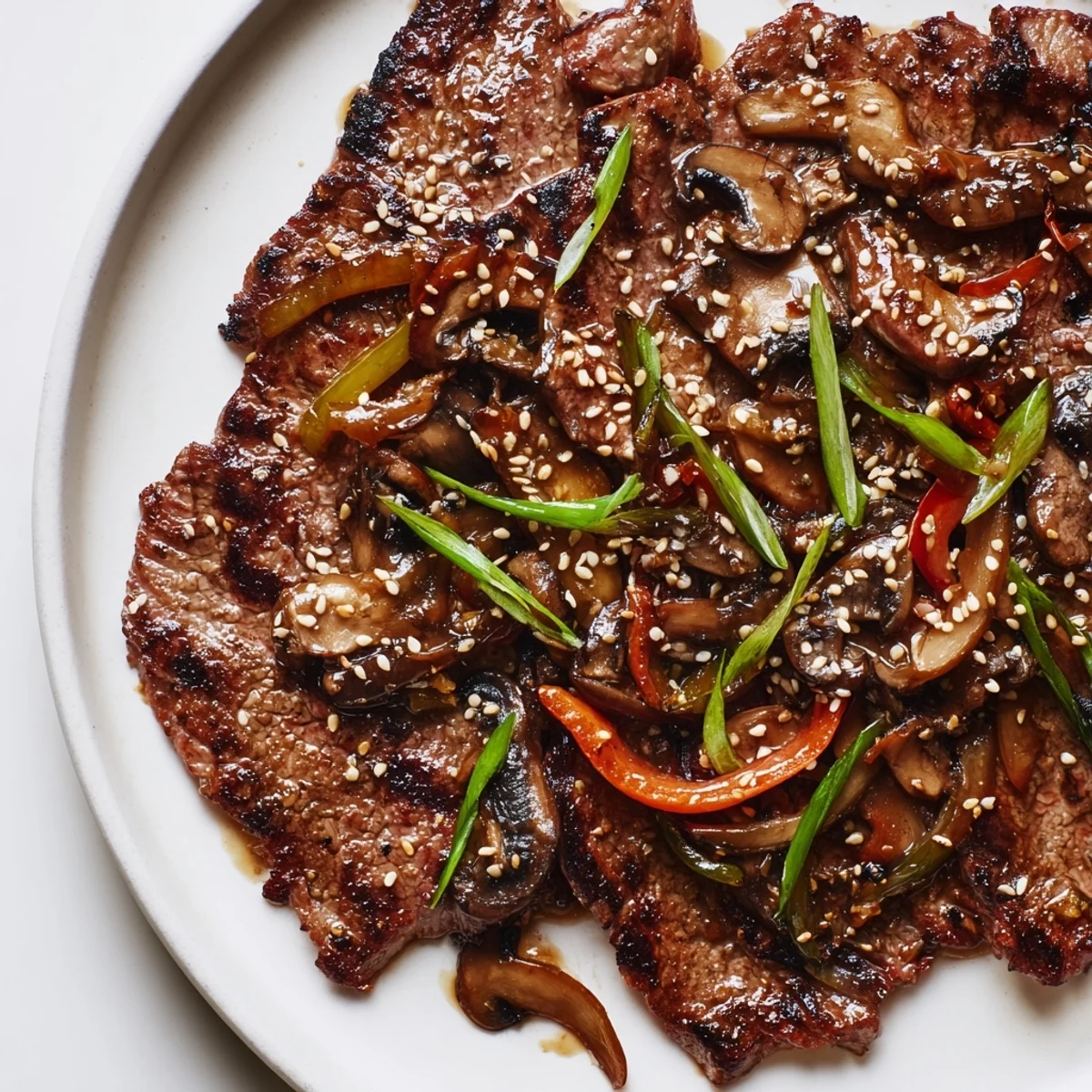 Juicy grilled Beef Yakiniku alongside charred bell peppers and tender shiitake mushrooms