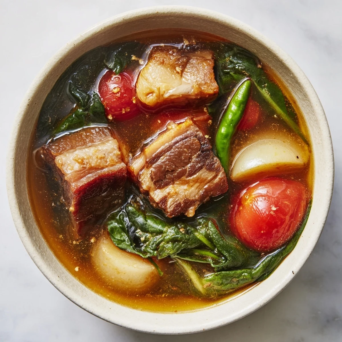Steaming bowl of Filipino Sinigang with tender pork and colorful vegetables in tangy broth