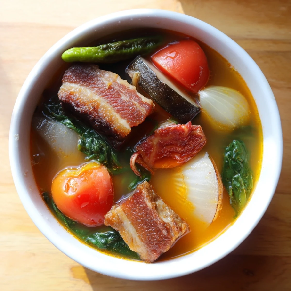 Filipino Sinigang sour soup served piping hot with spinach, radish, and fluffy white rice