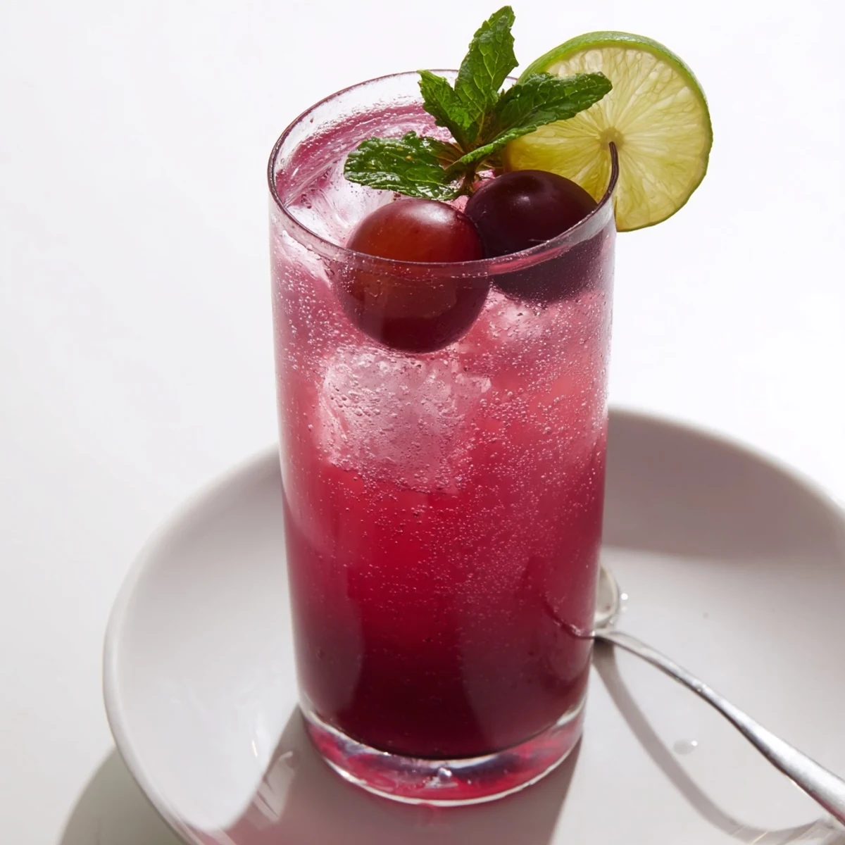 Grape Agua Fresca poured over ice in a tall clear glass