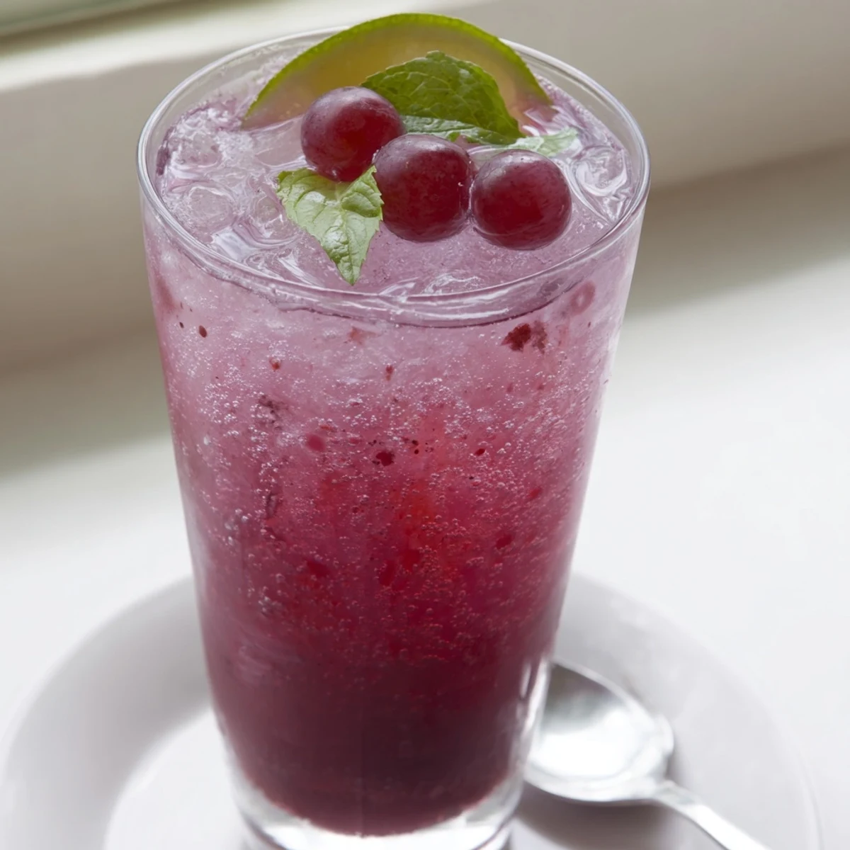 Chilled Grape Agua Fresca garnished with fresh mint and lime wedges