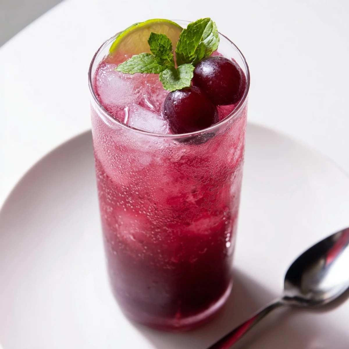 Blended Grape Agua Fresca strained into a pitcher on a sunny patio table