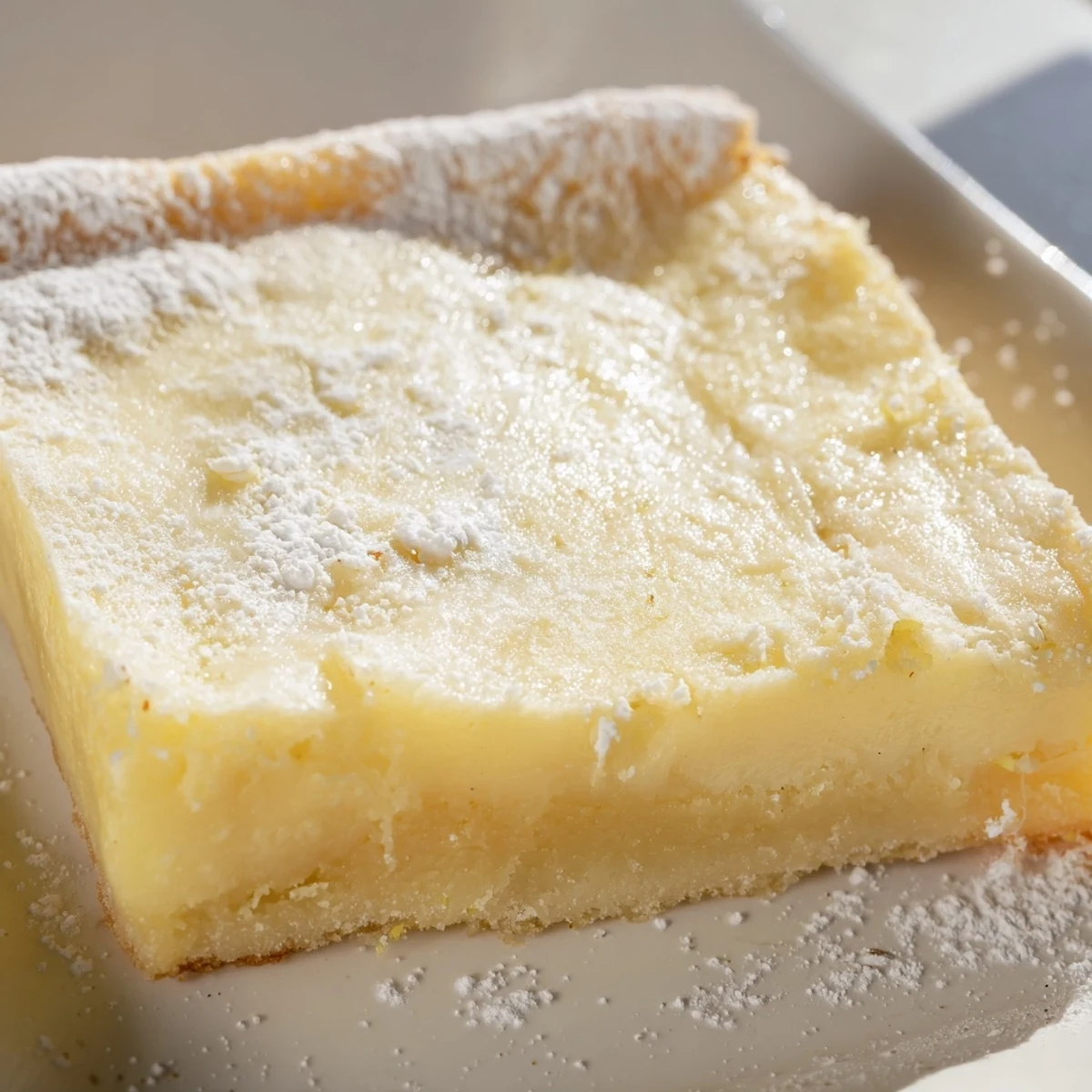 Creamy lemon gooey butter cake sliced into squares revealing a soft custard-like center