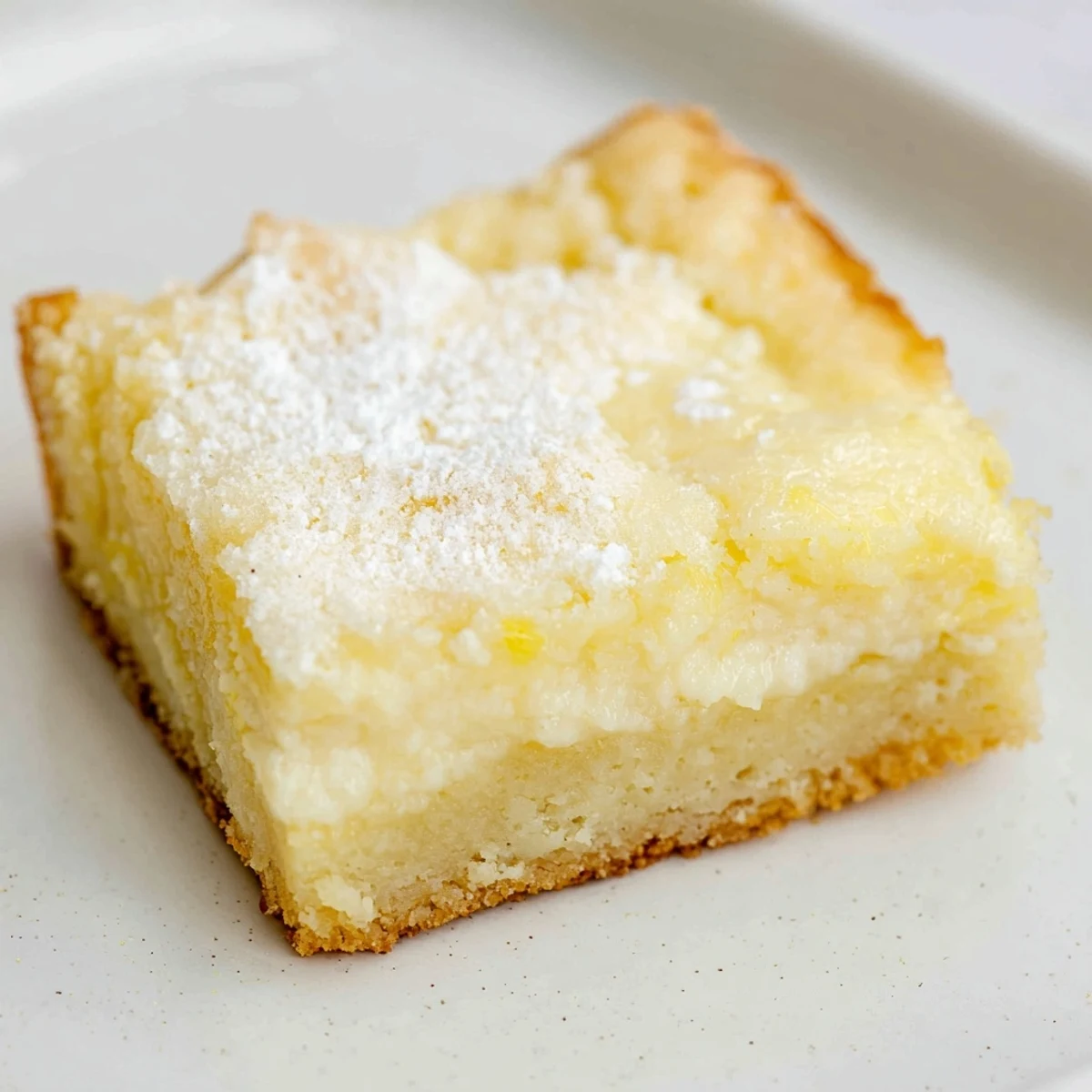 Golden squares of lemon gooey butter cake dusted with powdered sugar on a rustic cutting board